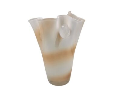 Koral White Beige Aνθοδοχείο Γυάλινο Xειροποίητο Λευκό Με Μελί Γραμμές 30 cm.