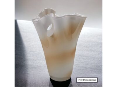 Koral White Beige Aνθοδοχείο Γυάλινο Xειροποίητο Λευκό Με Μελί Γραμμές 30 cm.
