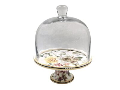 Τουρτιέρα Πορσελάνης Με Γυάλινο Καπάκι Και Πόδι Floral Flowers Garden 22x21cm